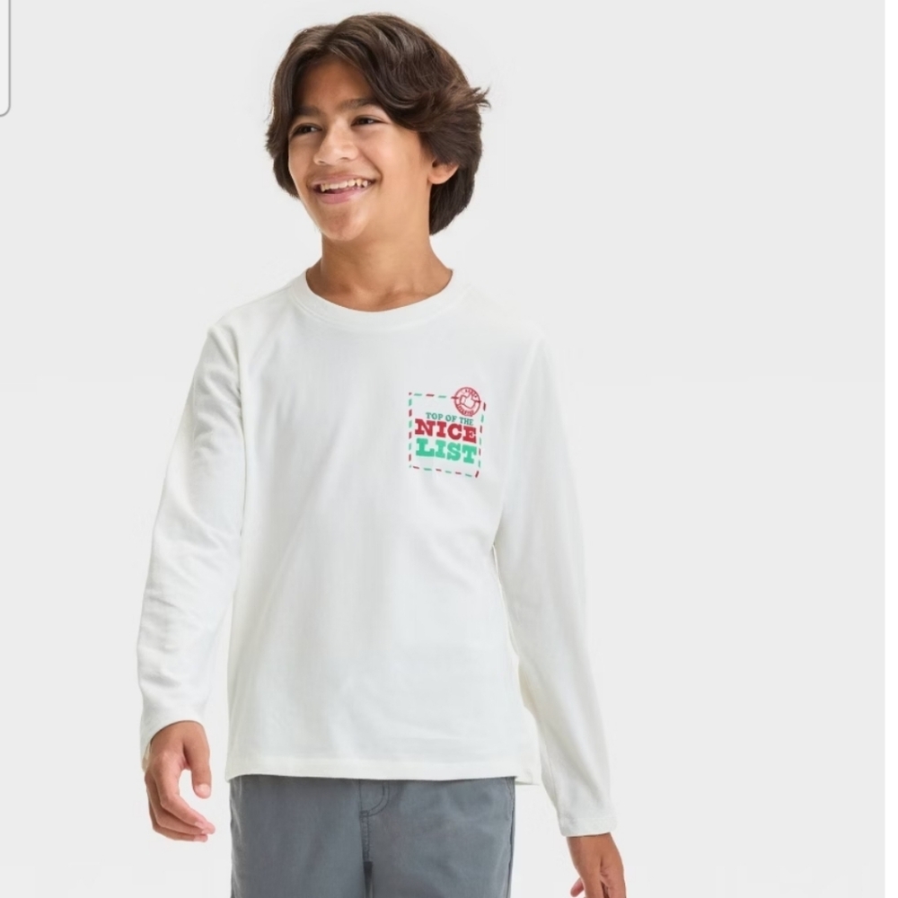 Kids White Long Sleeve Shirt "Nice List" - Cat & Jack - S (6/7)